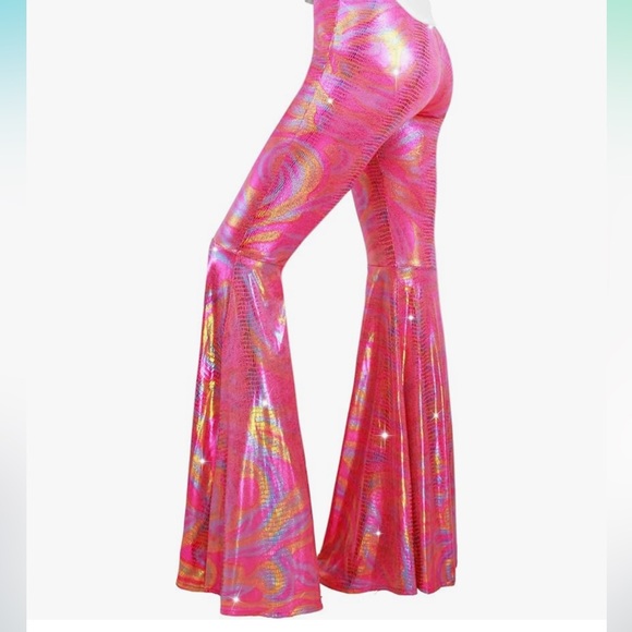 Pants - Pink iridescent holographic bell bottom shiny pant flared leggings sexy festival